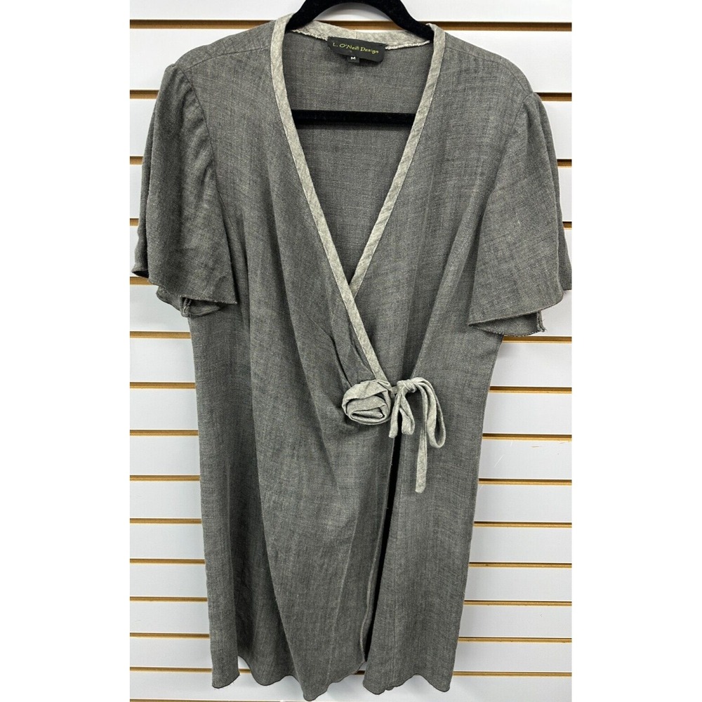L. O'Neill Design Womens Medium Linen Short Sleeve Wrap Dress Gray Rosette - Picture 1 of 4